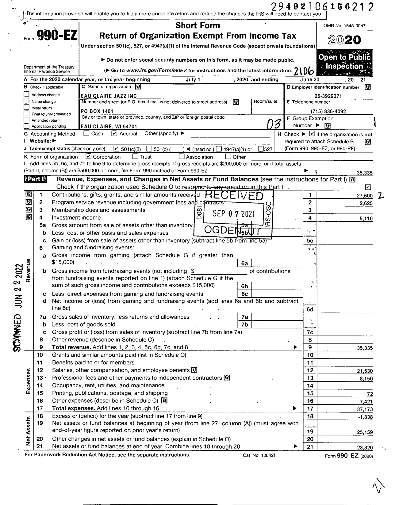 Image of first page of 2020 Form 990EZ for Eau Claire Jazz