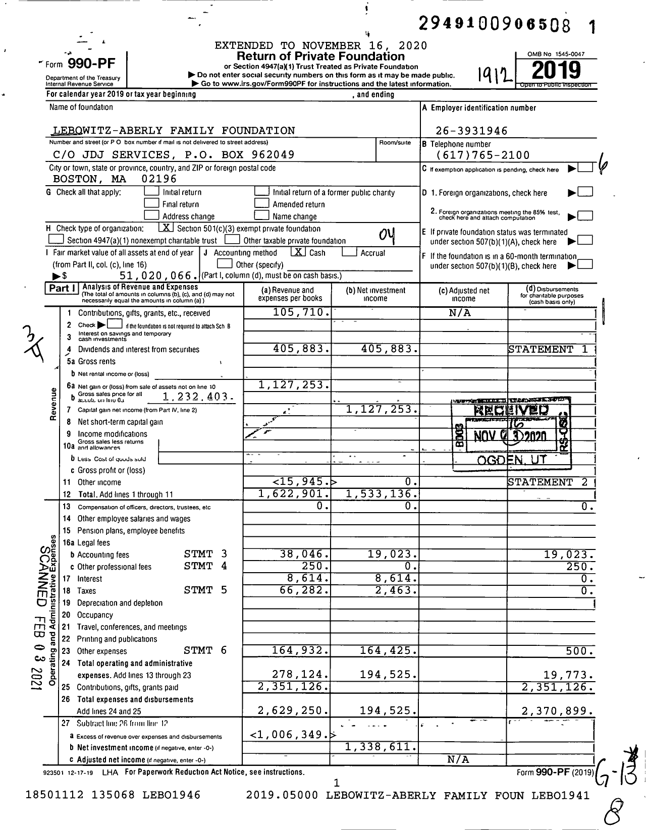 Image of first page of 2019 Form 990PF for Lebowitz-Aberly Family Foundation