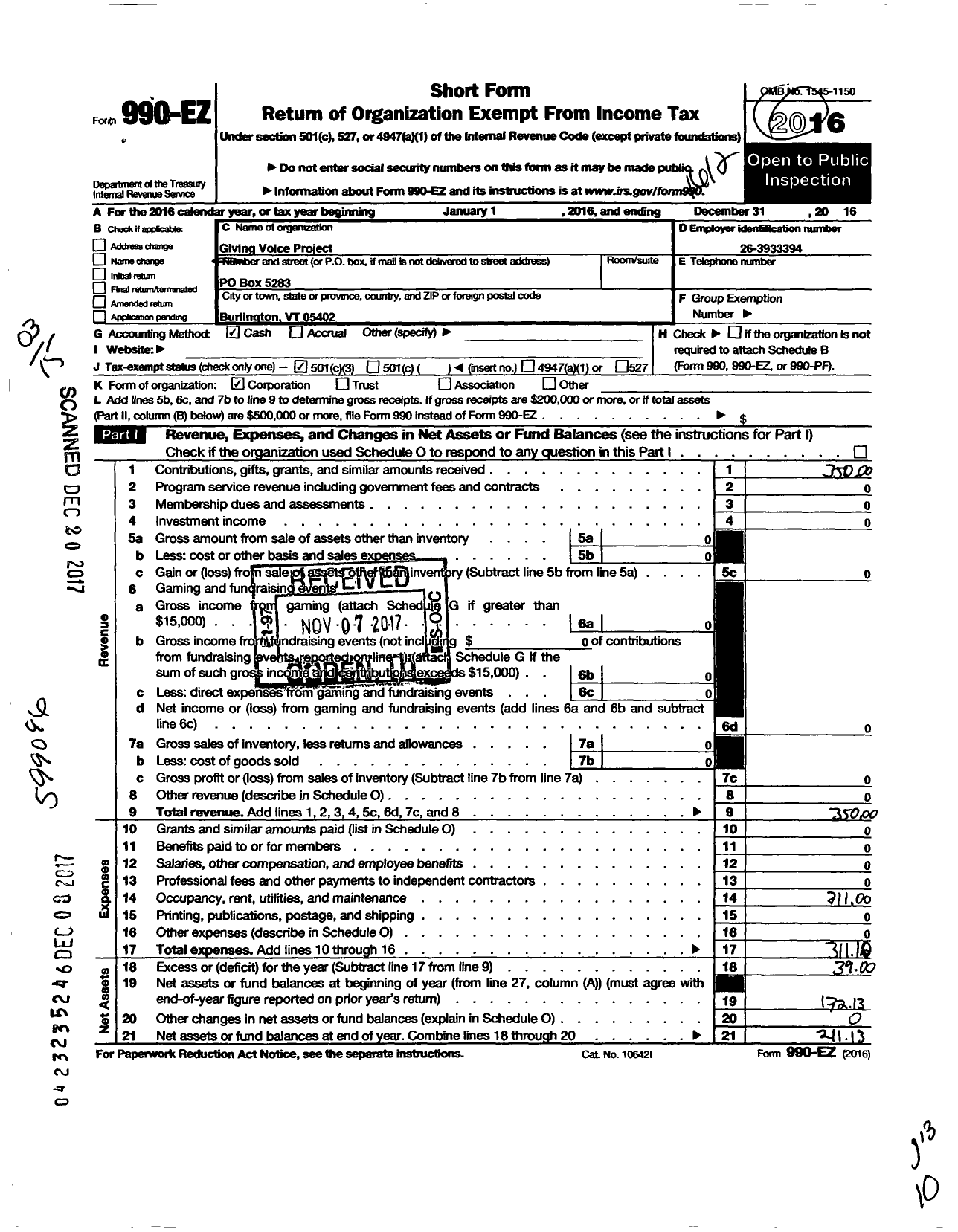 Image of first page of 2016 Form 990EZ for Giving Voice Project