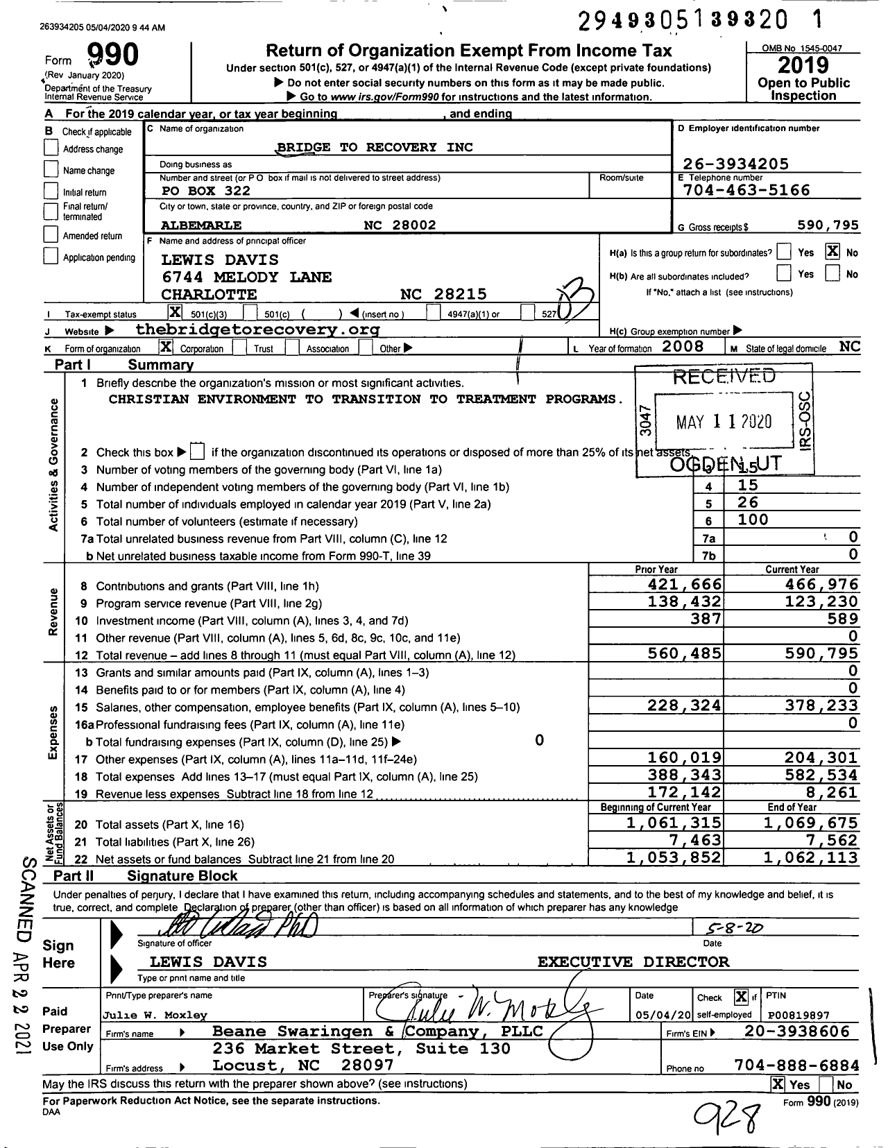 Image of first page of 2019 Form 990 for Bridge to Recovery