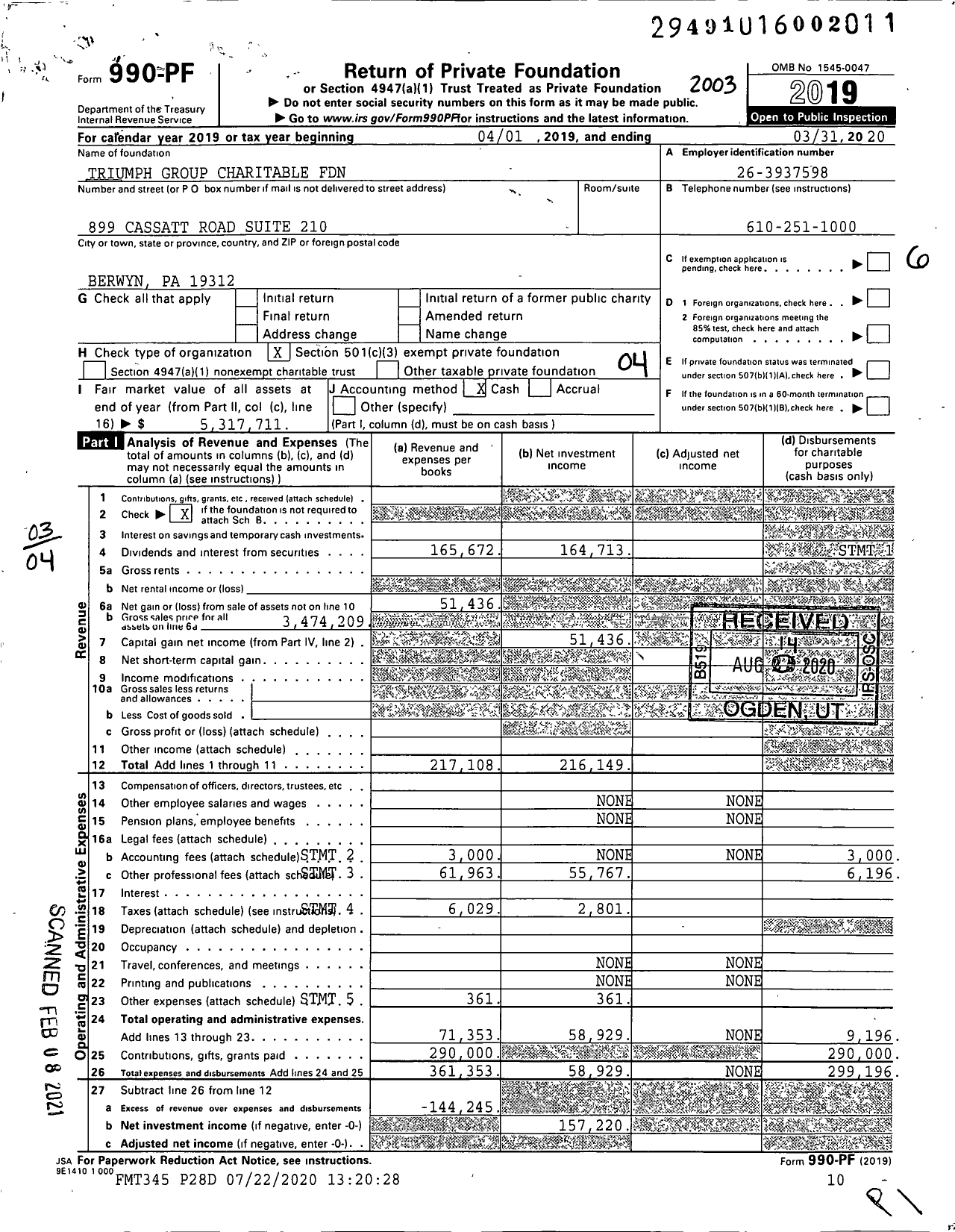 Image of first page of 2019 Form 990PF for Triumph Group Charitable Foundation Agy Uma