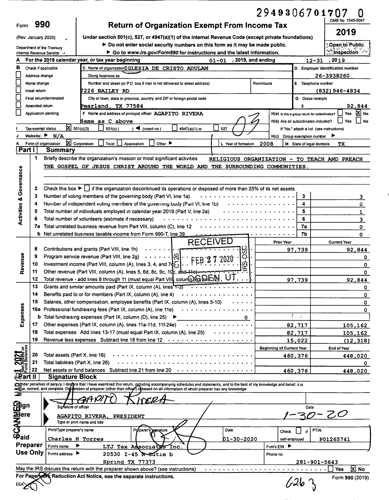 Image of first page of 2019 Form 990 for Iglesia de Cristo Adulam