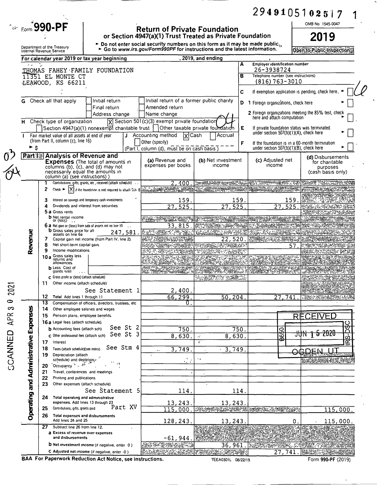 Image of first page of 2019 Form 990PF for Thomas Fahey Family Foundation