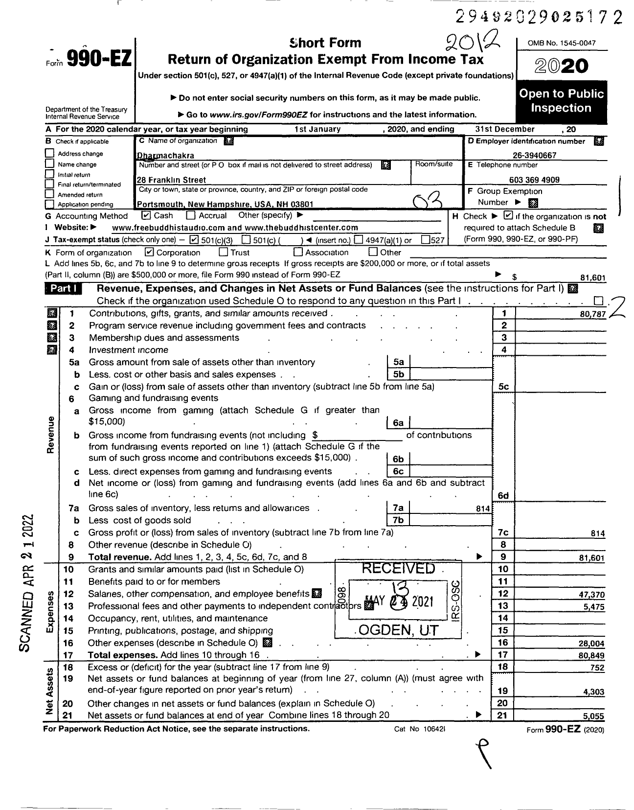 Image of first page of 2020 Form 990EZ for Dharmachakra