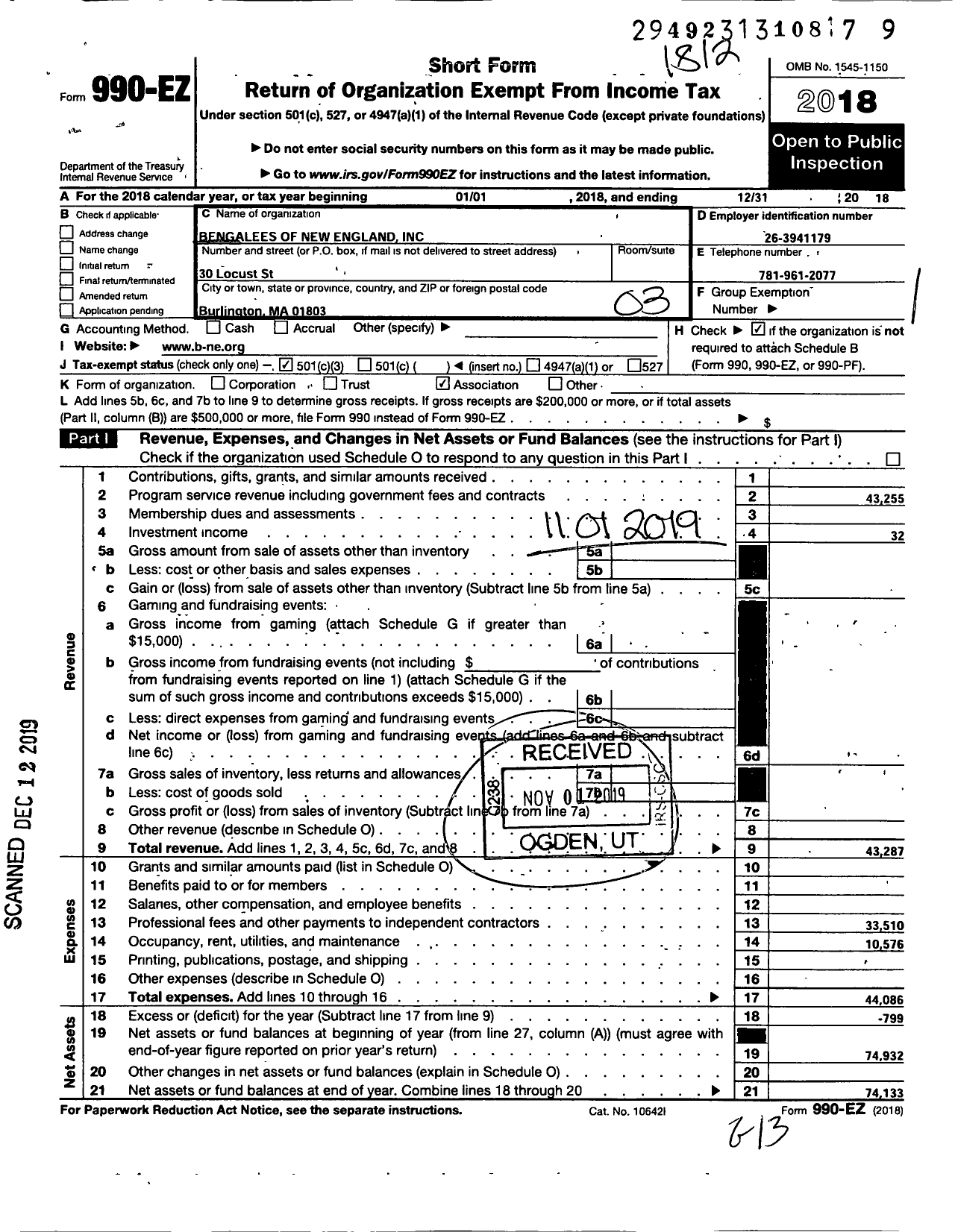 Image of first page of 2018 Form 990EZ for Bengalees of New England