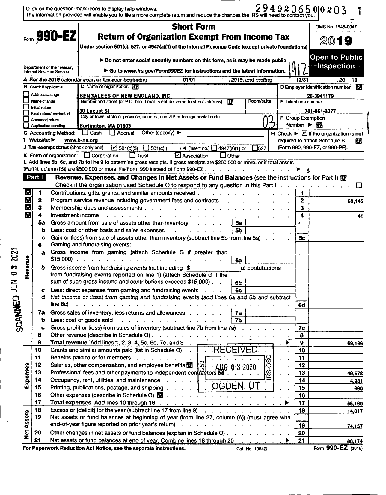 Image of first page of 2019 Form 990EZ for Bengalees of New England