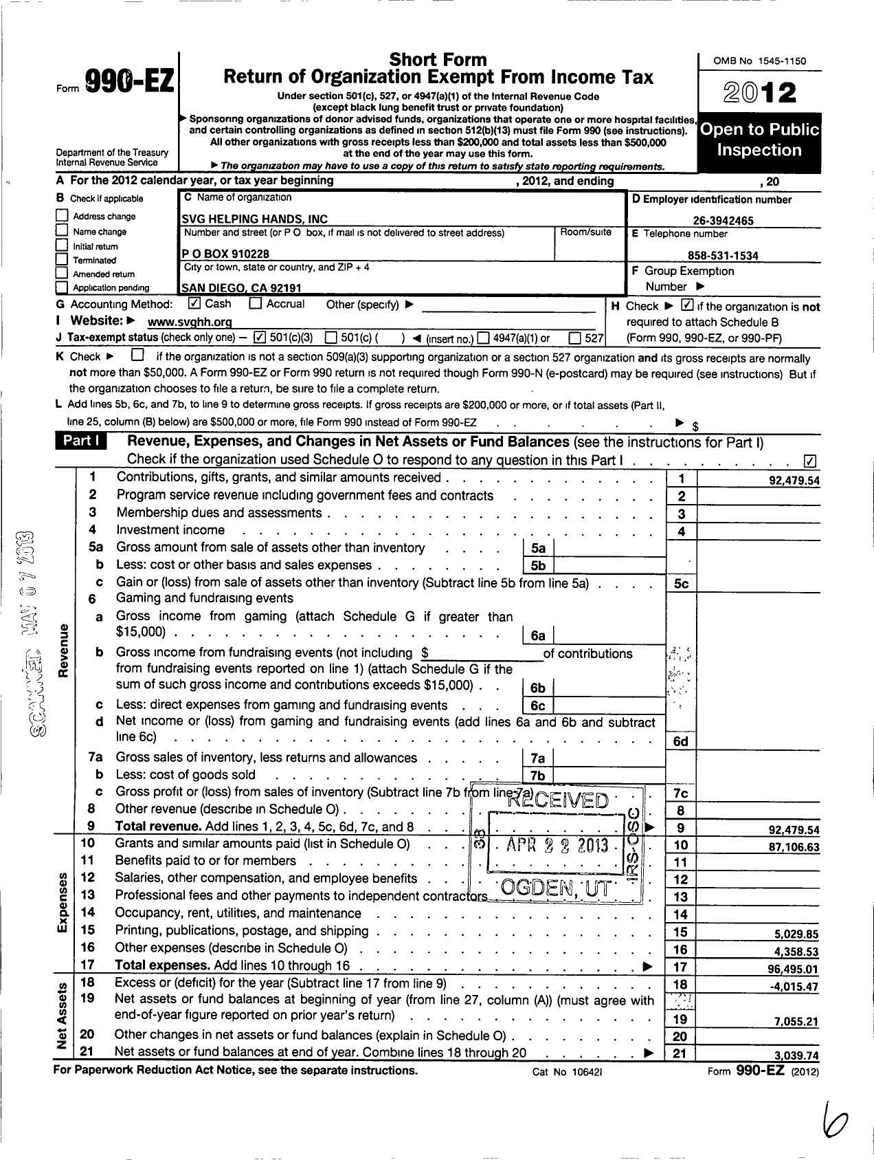 Image of first page of 2012 Form 990EZ for SVG Helping Hands