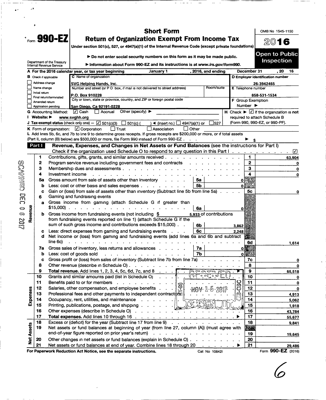 Image of first page of 2016 Form 990EZ for SVG Helping Hands