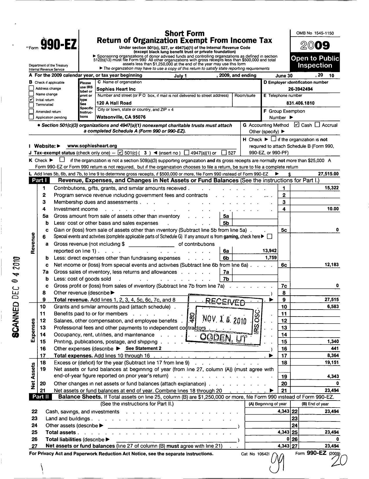 Image of first page of 2009 Form 990EZ for Sophies Heart