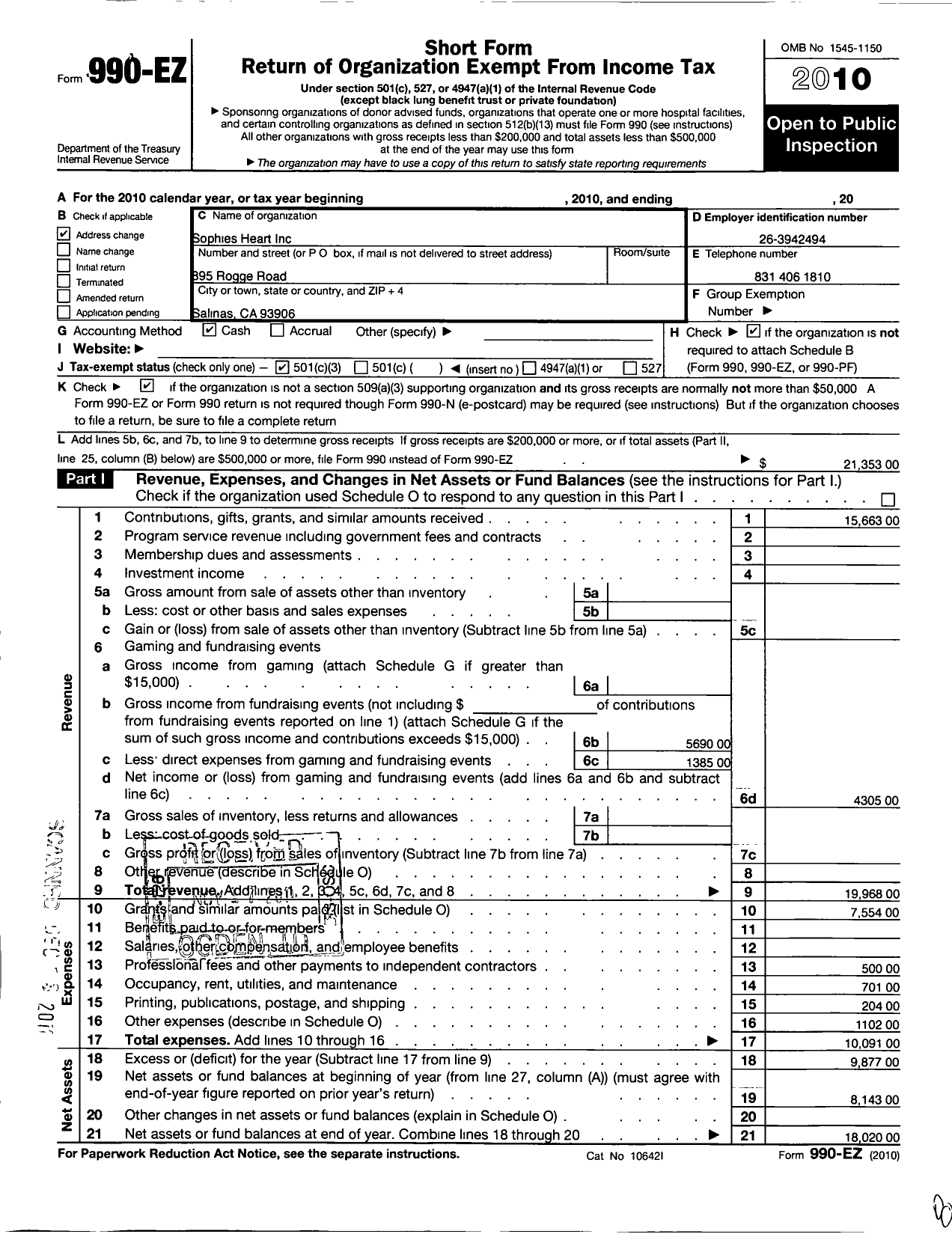 Image of first page of 2010 Form 990EZ for Sophies Heart