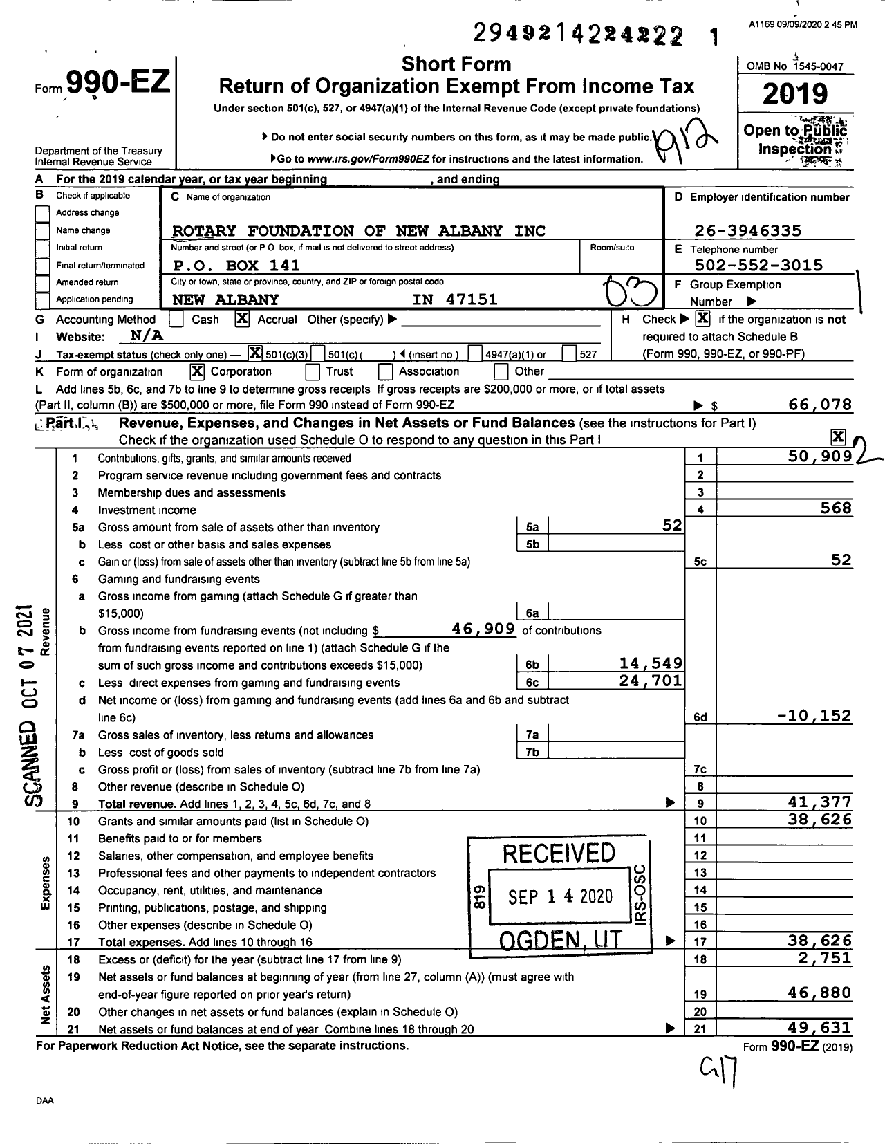 Image of first page of 2019 Form 990EZ for Rotary Foundation of New Albany