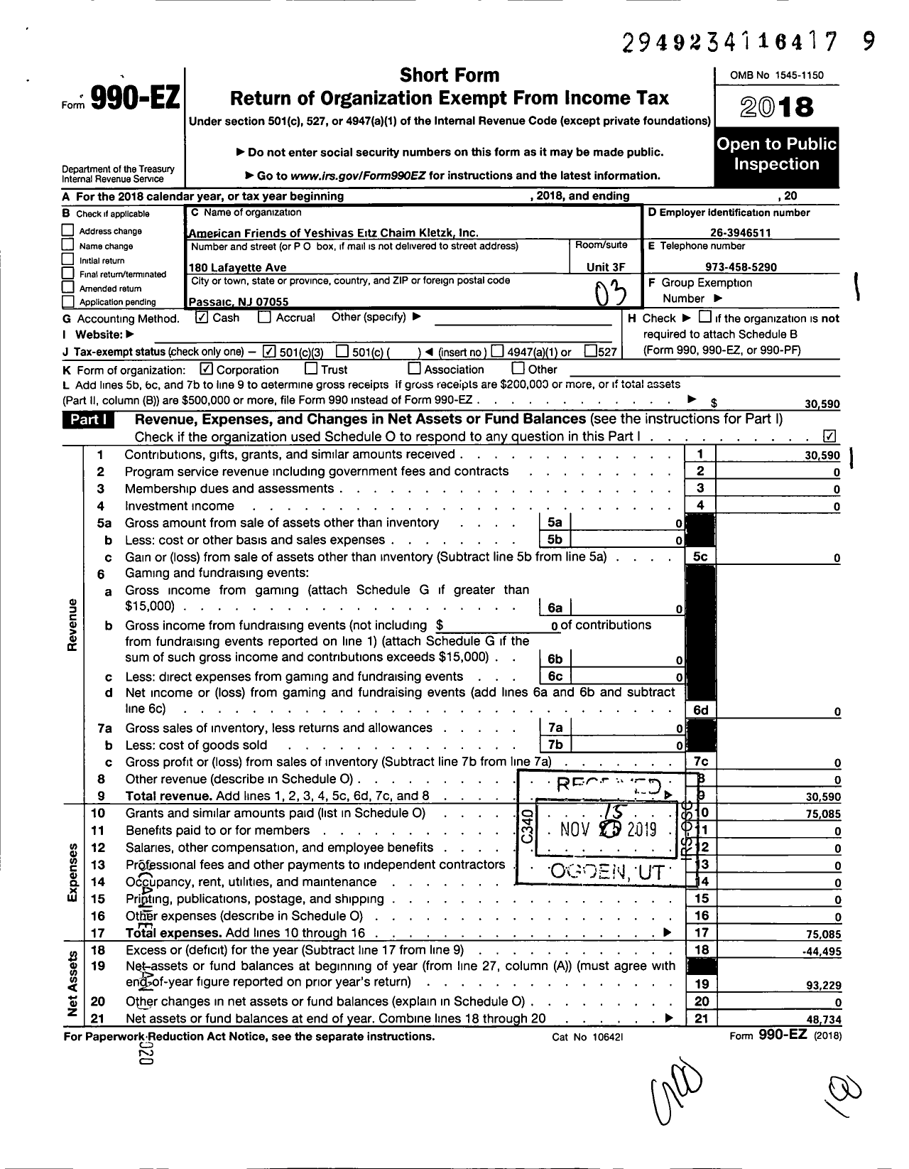 Image of first page of 2018 Form 990EZ for American Friends of Yeshivas Eitz Chaim Kletzk
