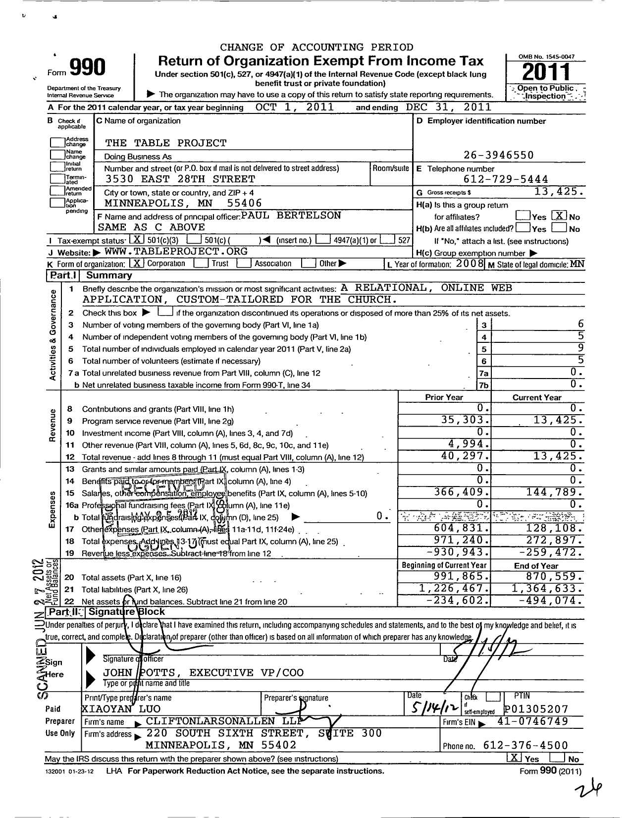 Image of first page of 2011 Form 990 for Table Project