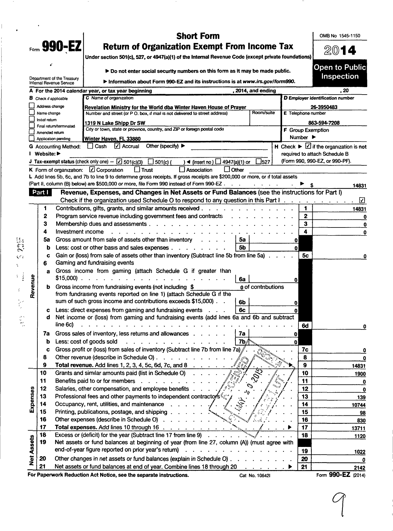 Image of first page of 2014 Form 990EZ for Revelation Ministry for the World