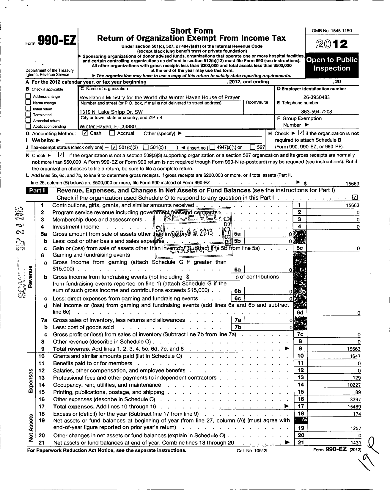 Image of first page of 2012 Form 990EZ for Revelation Ministry for the World