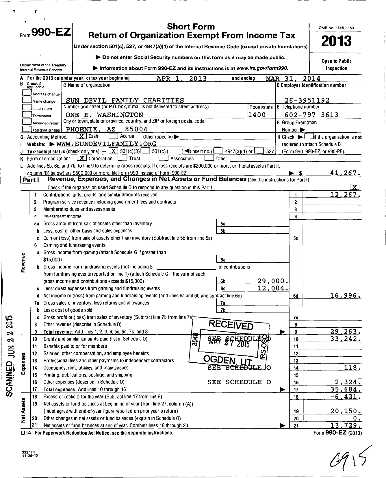 Image of first page of 2013 Form 990EZ for Sun Devil Family Charities