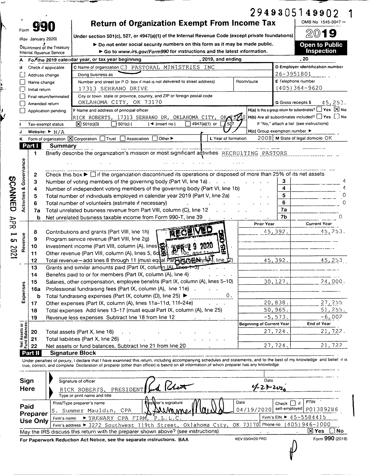 Image of first page of 2019 Form 990 for C3 Pastoral Ministries