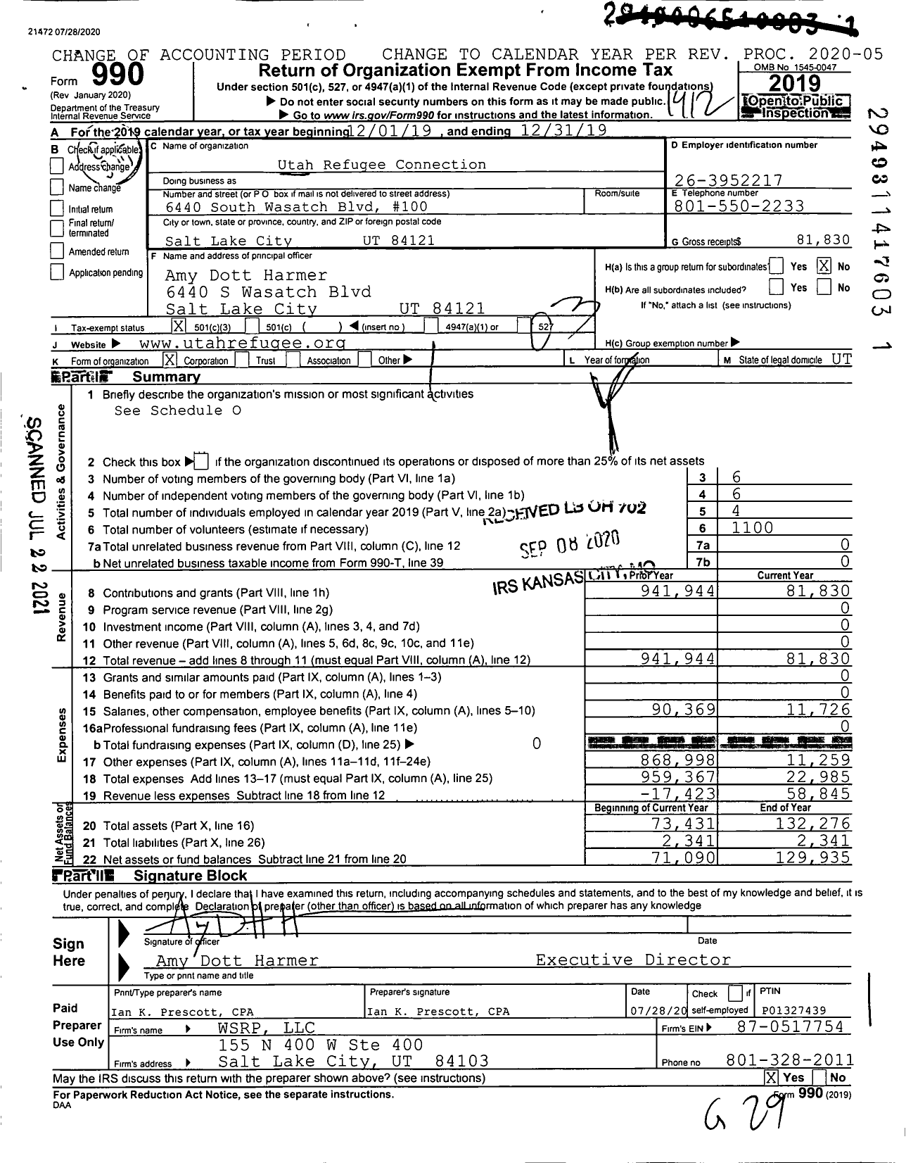 Image of first page of 2019 Form 990 for Utah Refugee Connection