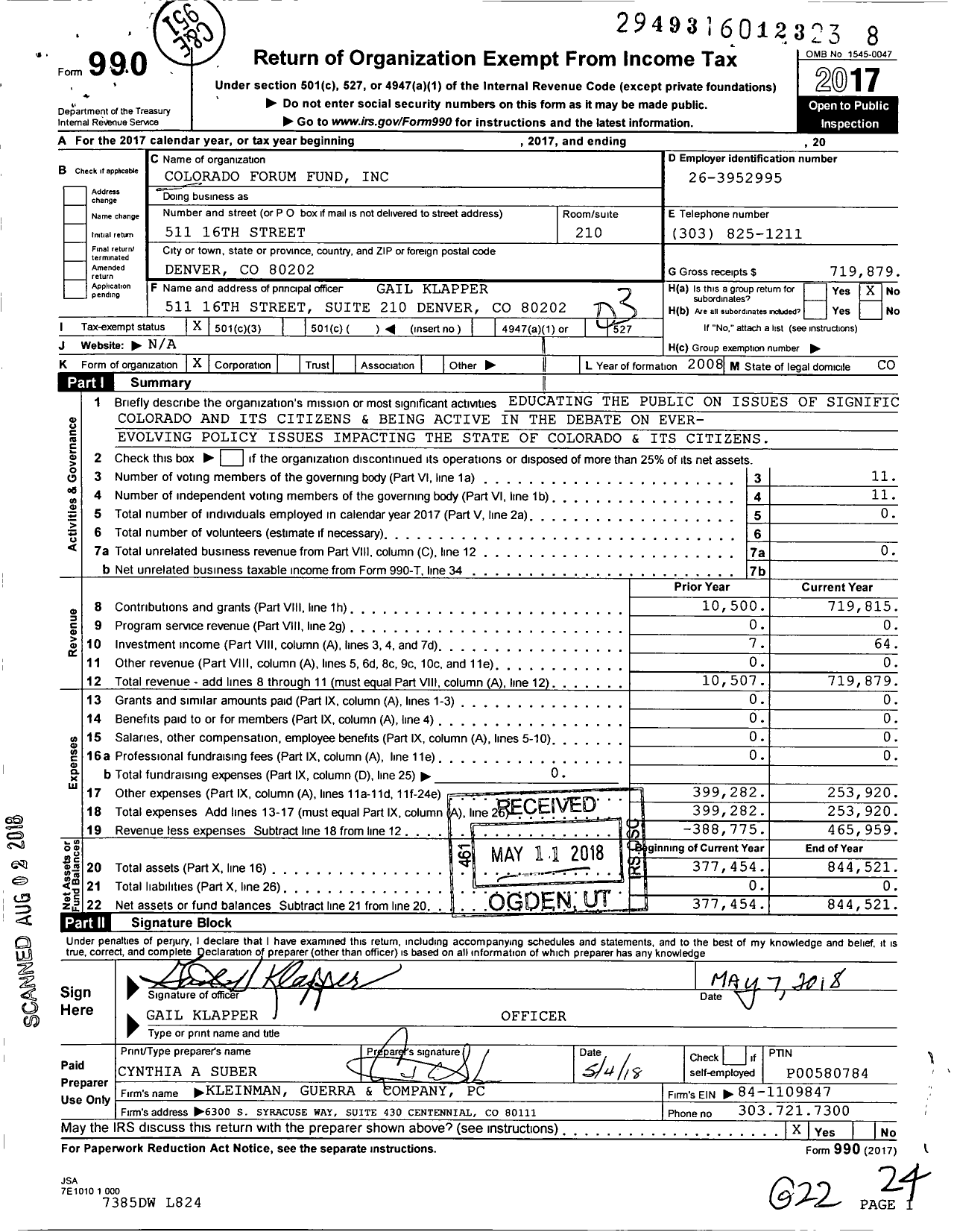 Image of first page of 2017 Form 990 for Colorado Forum Fund