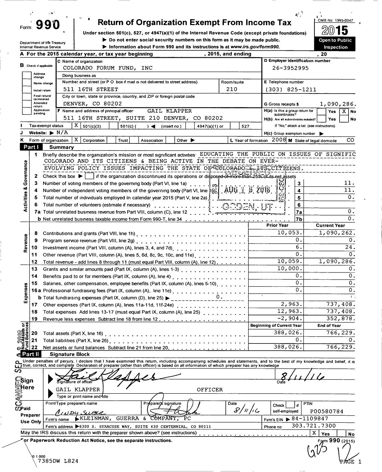Image of first page of 2015 Form 990 for Colorado Forum Fund