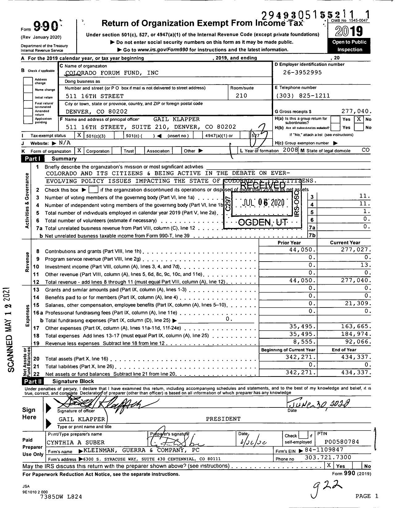 Image of first page of 2019 Form 990 for Colorado Forum Fund
