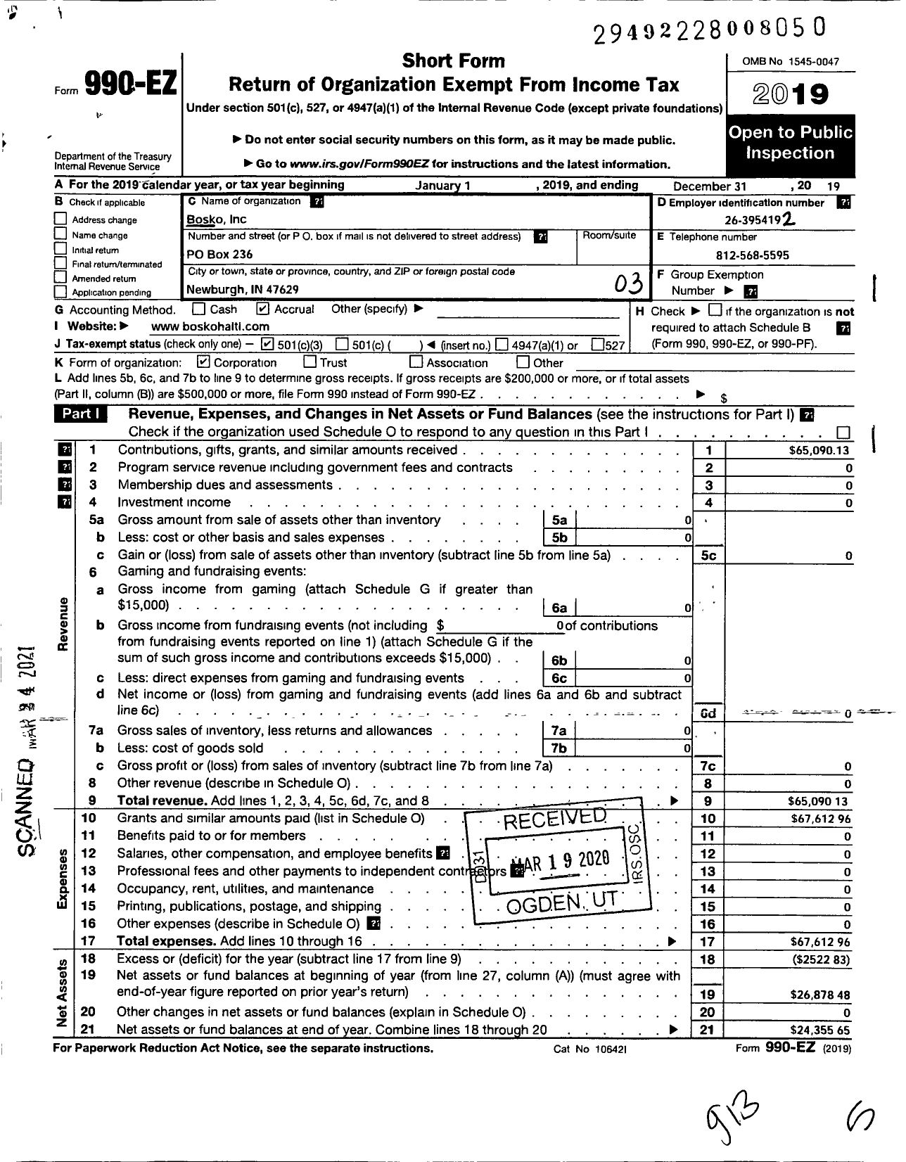 Image of first page of 2019 Form 990EZ for Bosko