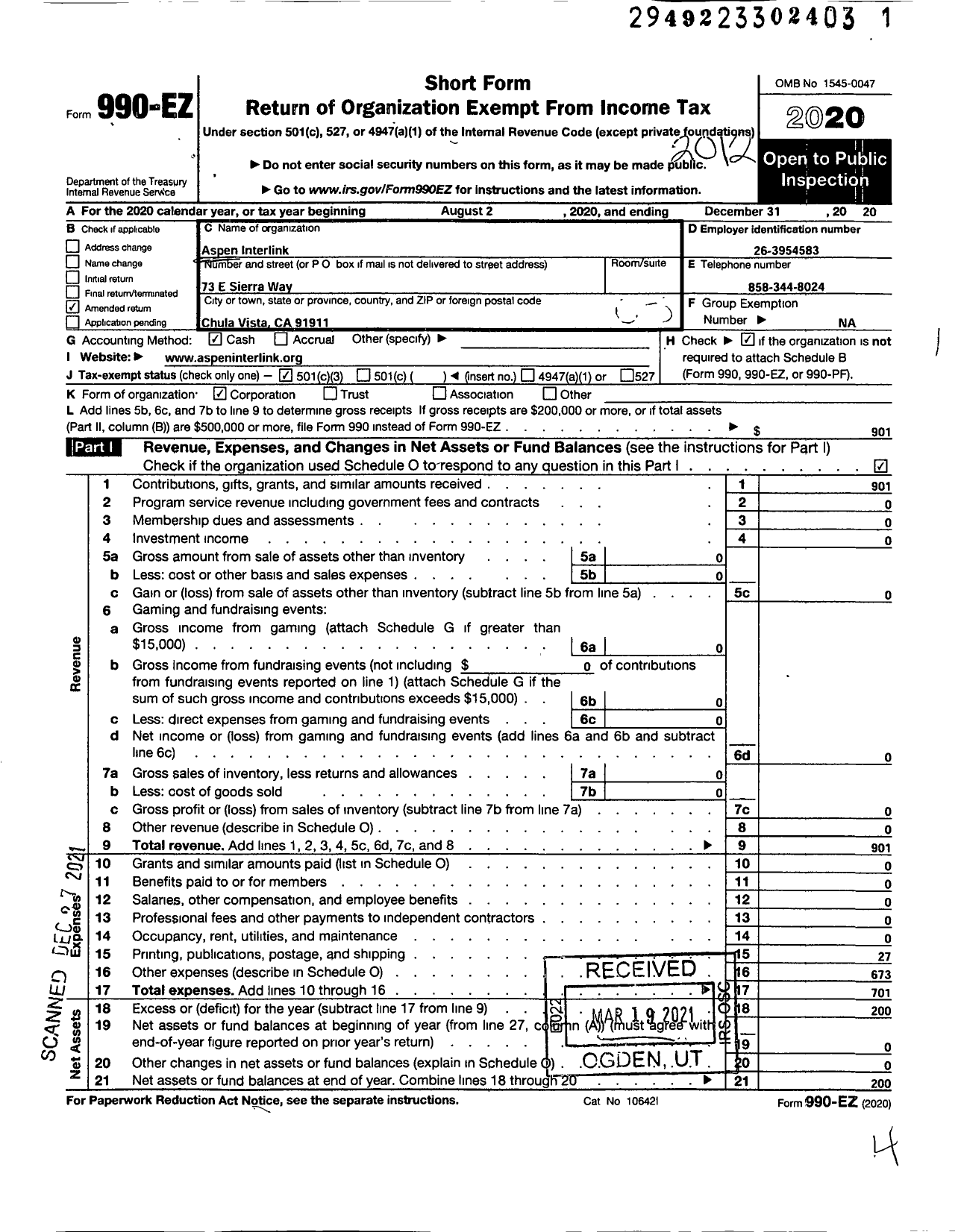 Image of first page of 2020 Form 990EZ for Aspen Interlink