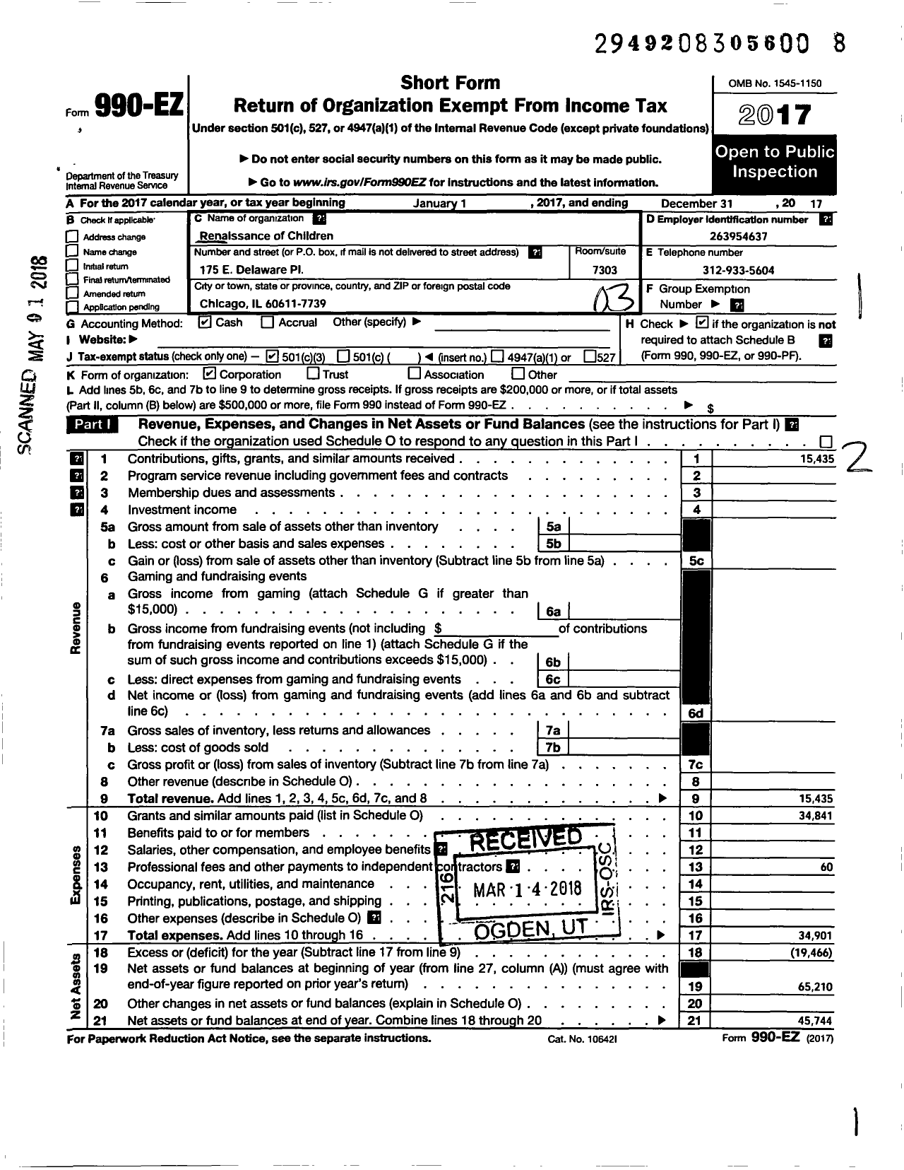 Image of first page of 2017 Form 990EZ for Renaissance of Children