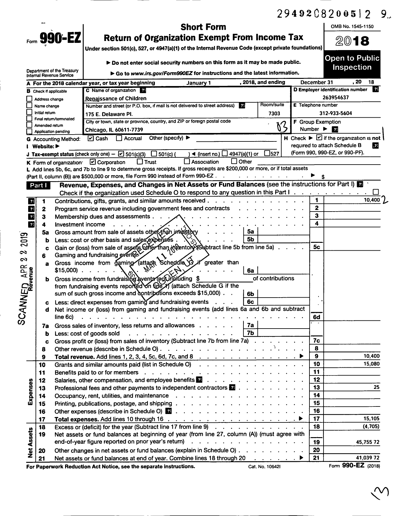 Image of first page of 2018 Form 990EZ for Renaissance of Children