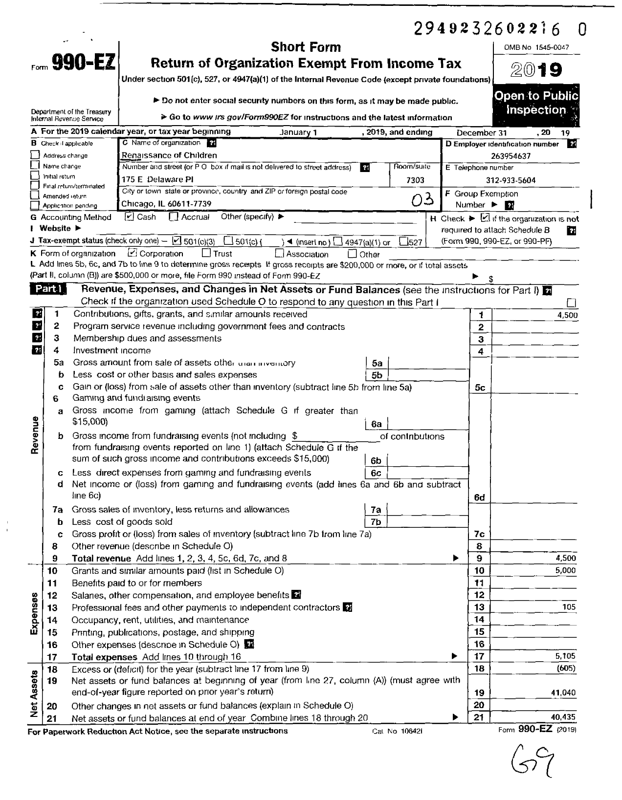 Image of first page of 2019 Form 990EZ for Renaissance of Children