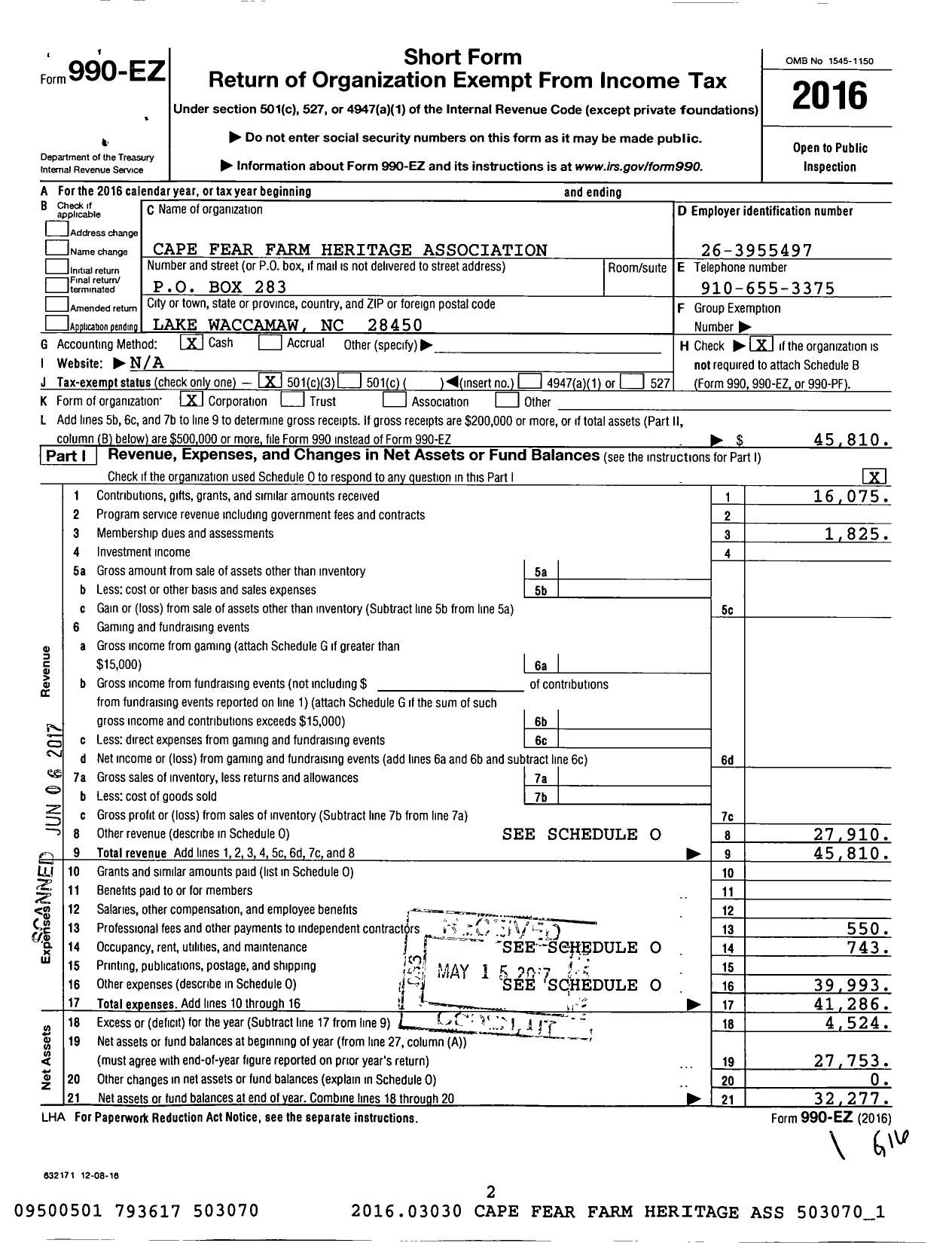 Image of first page of 2016 Form 990EZ for Cape Fear Farm Heritage Association