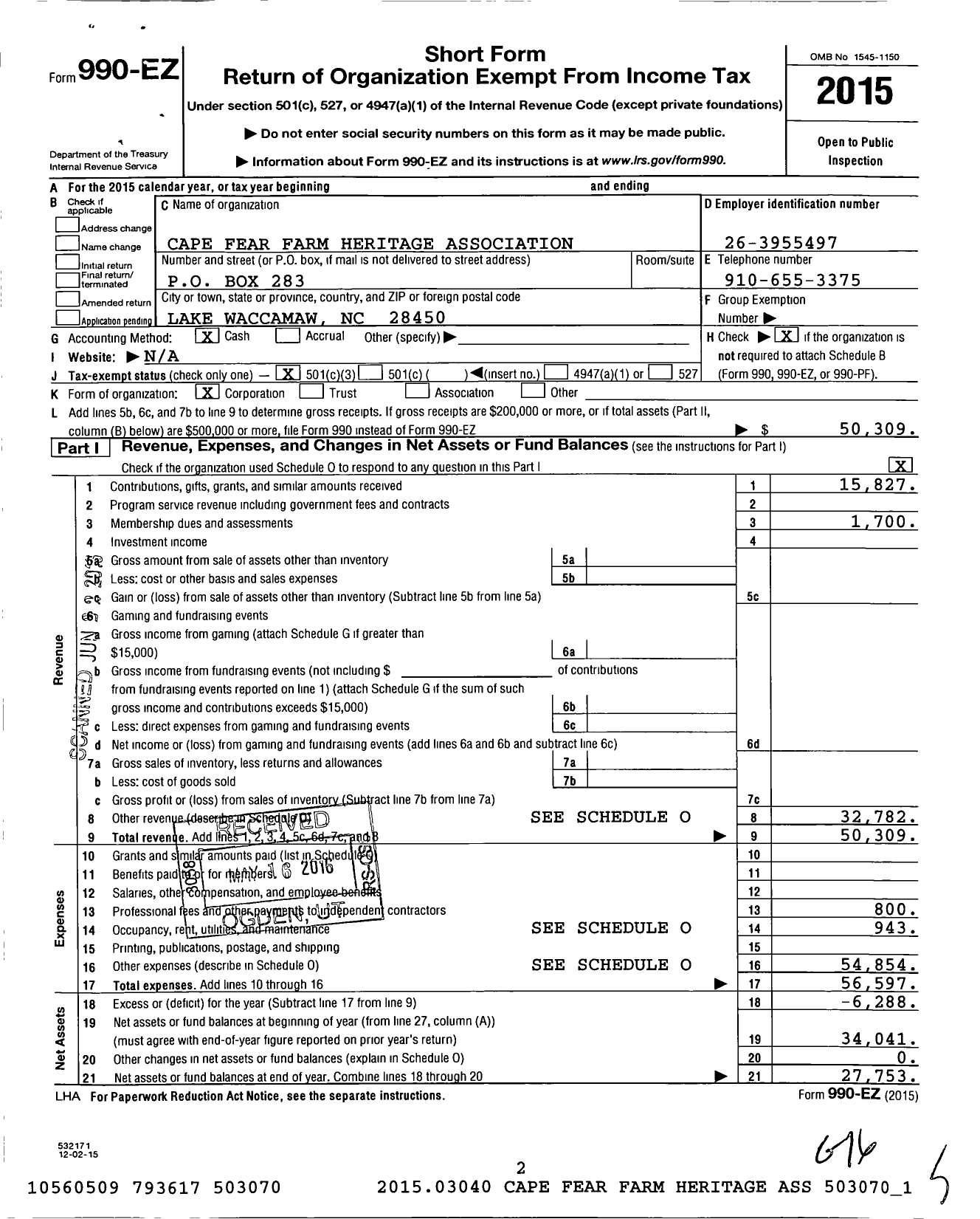 Image of first page of 2015 Form 990EZ for Cape Fear Farm Heritage Association