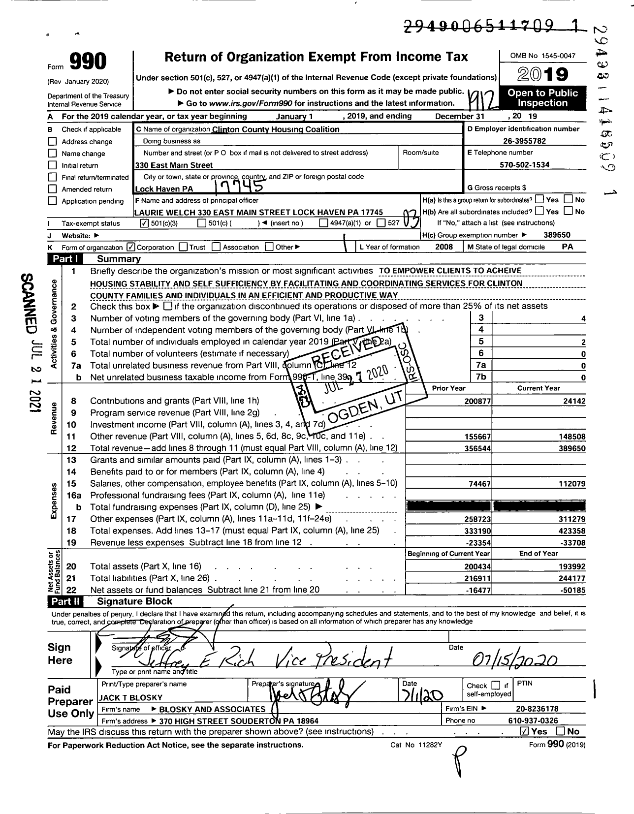 Image of first page of 2019 Form 990 for Clinton County Housing Coalition