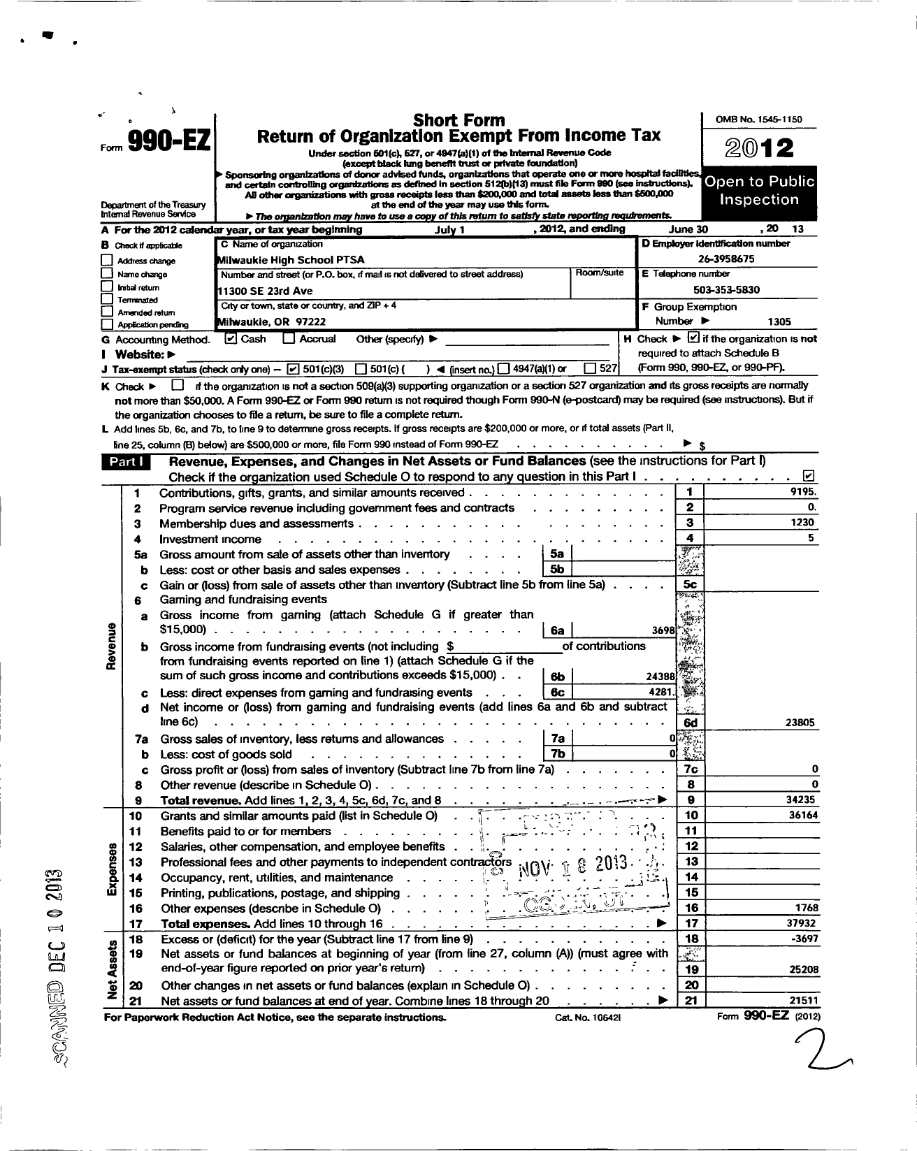 Image of first page of 2012 Form 990EZ for Milwaukie High School Ptsa