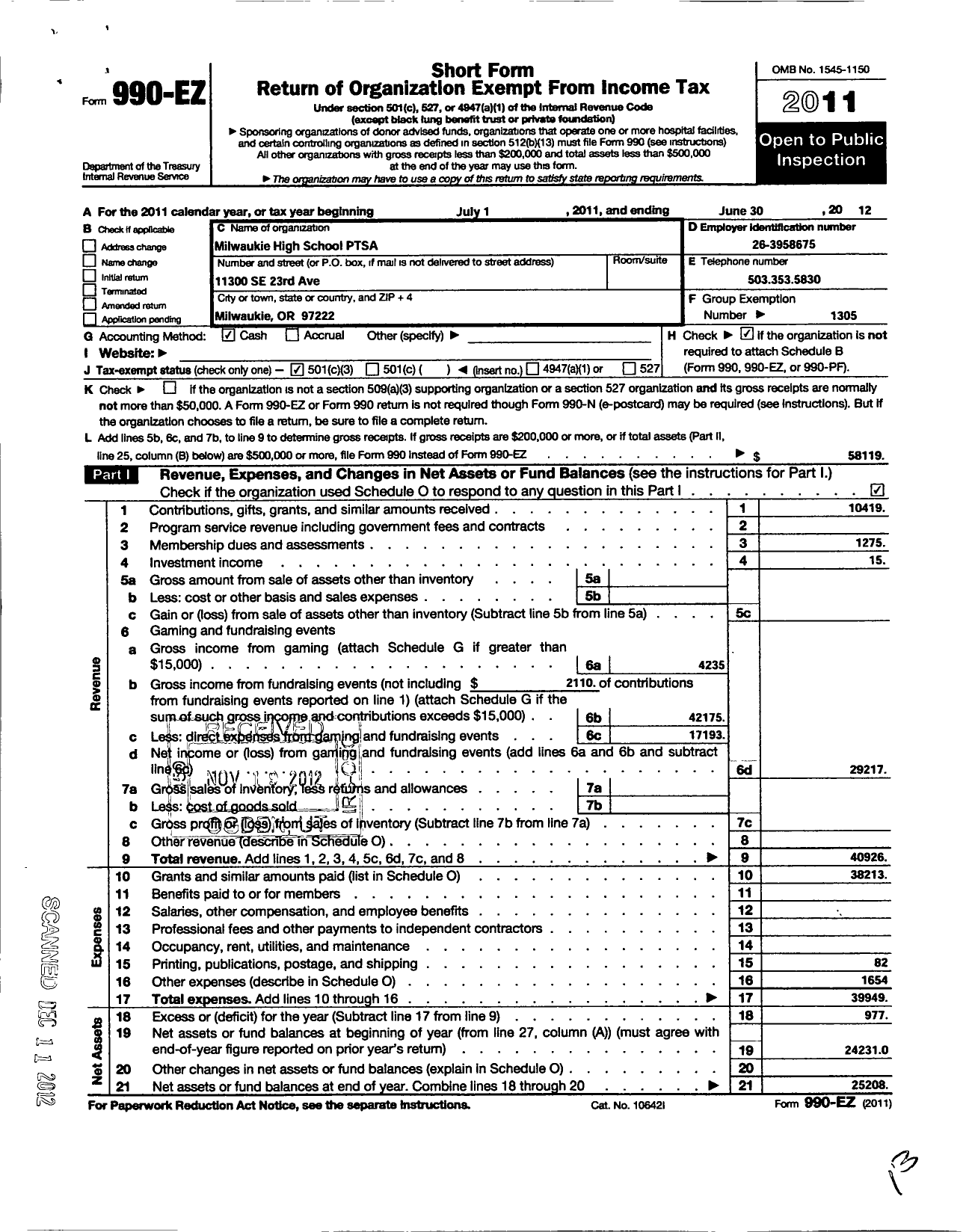 Image of first page of 2011 Form 990EZ for Milwaukie High School Ptsa