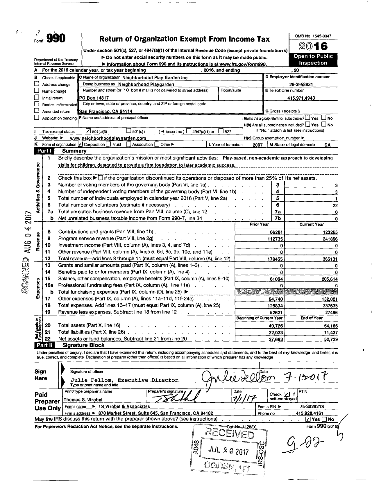 Image of first page of 2016 Form 990 for Neighborhood Play Garden