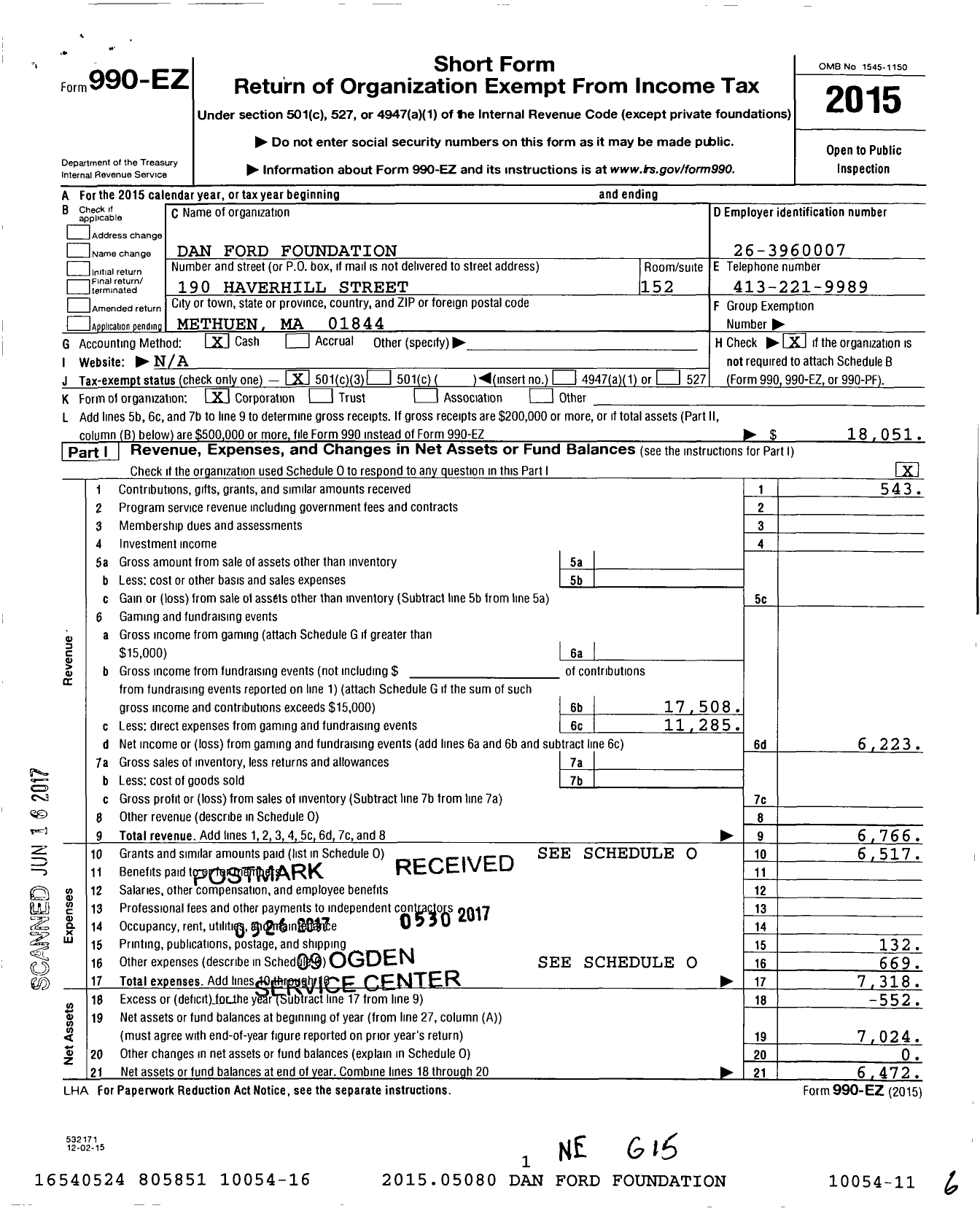 Image of first page of 2015 Form 990EZ for Dan Ford Foundation