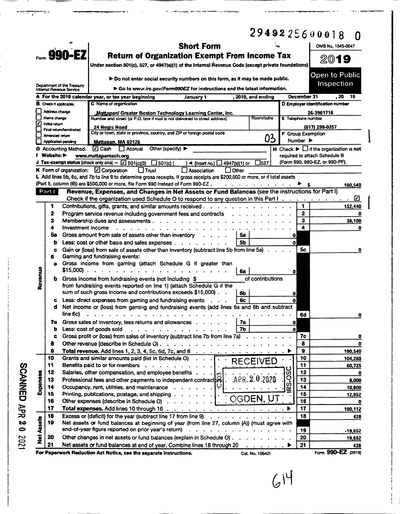Image of first page of 2019 Form 990EZ for Mattapangreater Boston Technology Learning Center