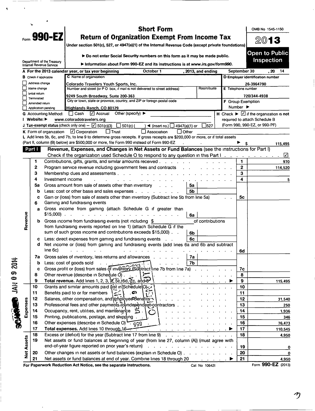 Image of first page of 2013 Form 990EZ for Colorado Travelers Youth Sports