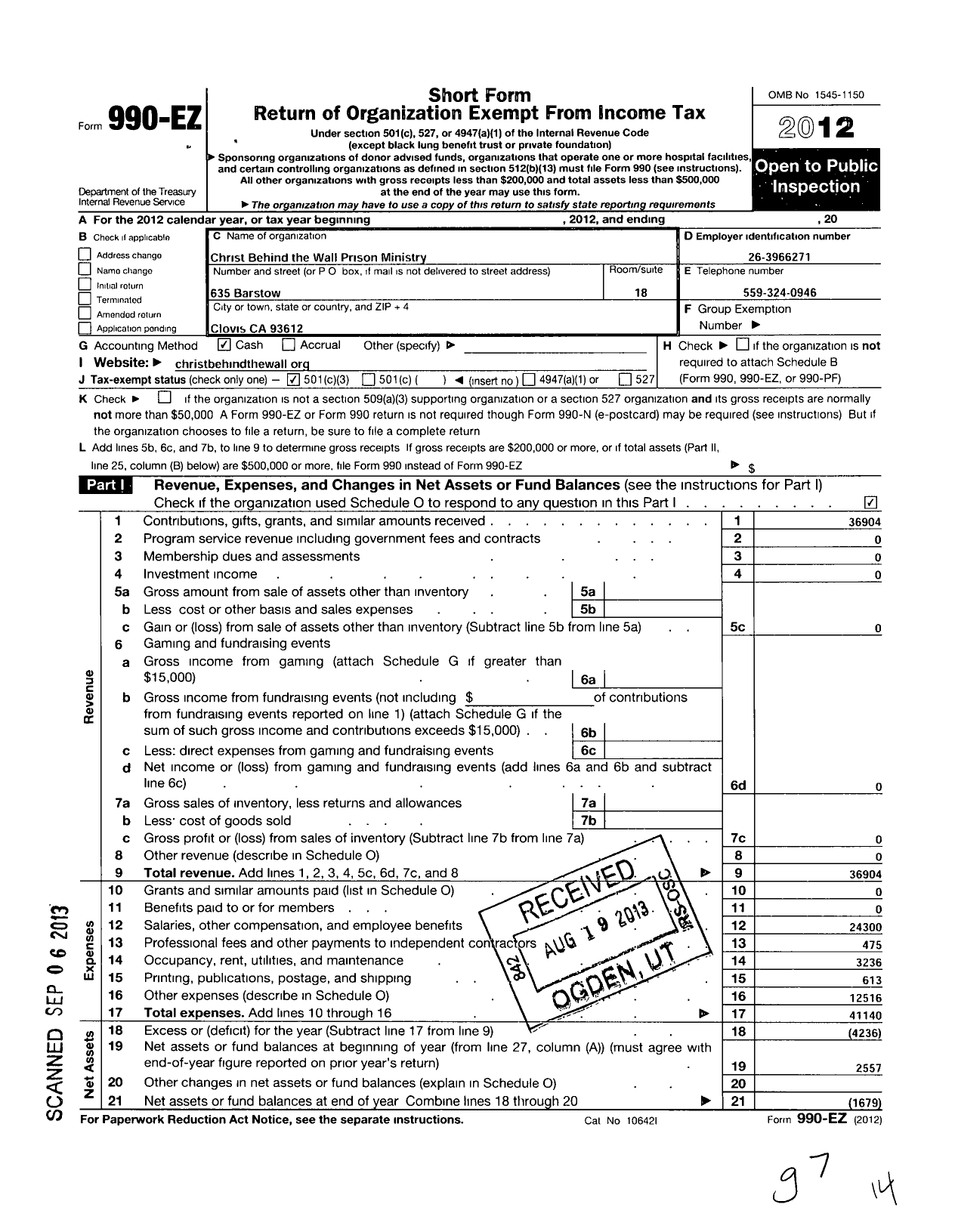 Image of first page of 2012 Form 990EZ for Christ Behind the Wall Prison Ministry