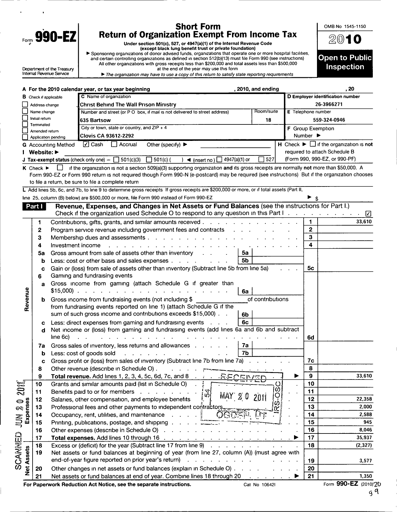 Image of first page of 2010 Form 990EO for Christ Behind the Wall Prison Ministry