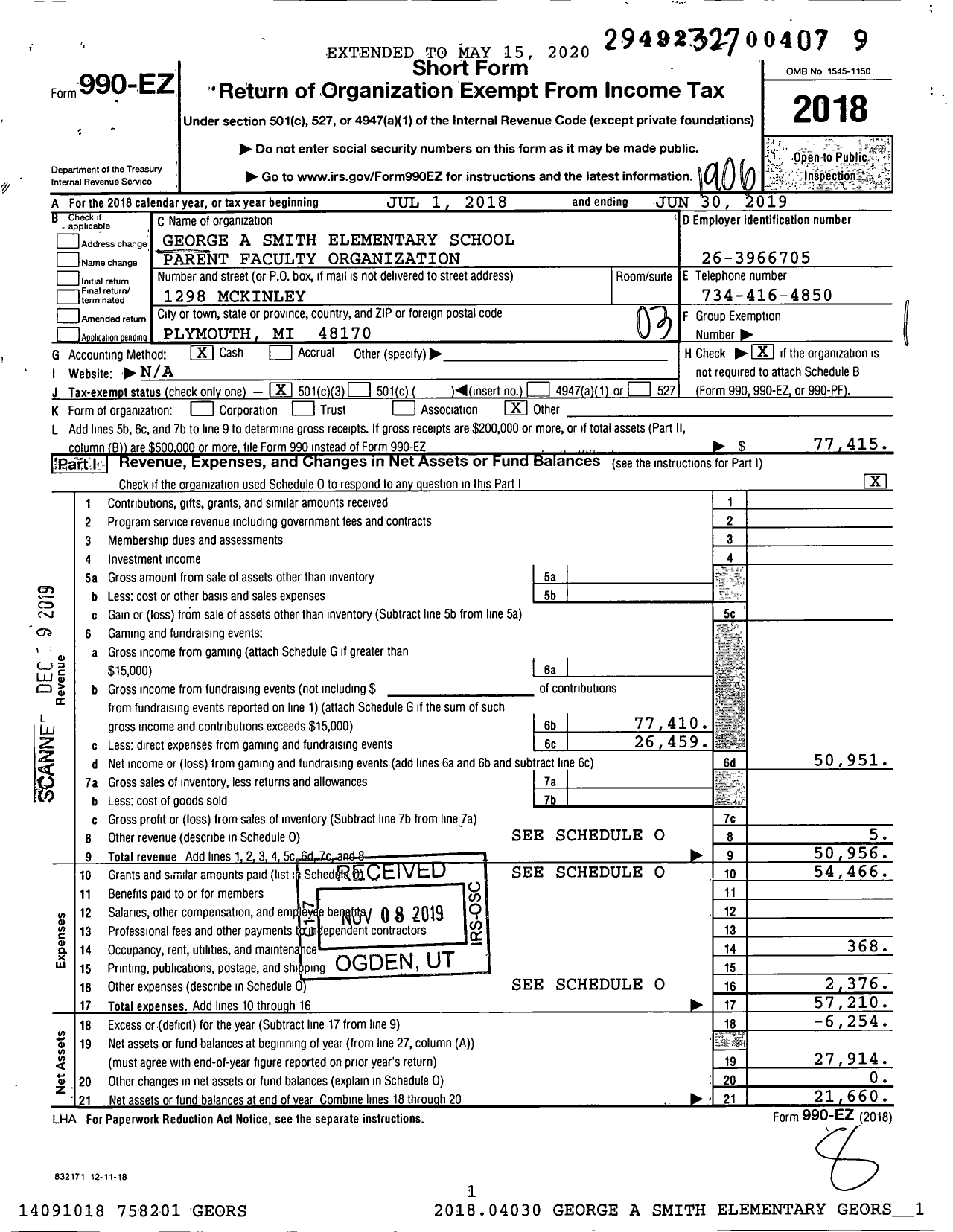 Image of first page of 2018 Form 990EZ for George A Smith Elementary School Parent Parent Faculty Organization