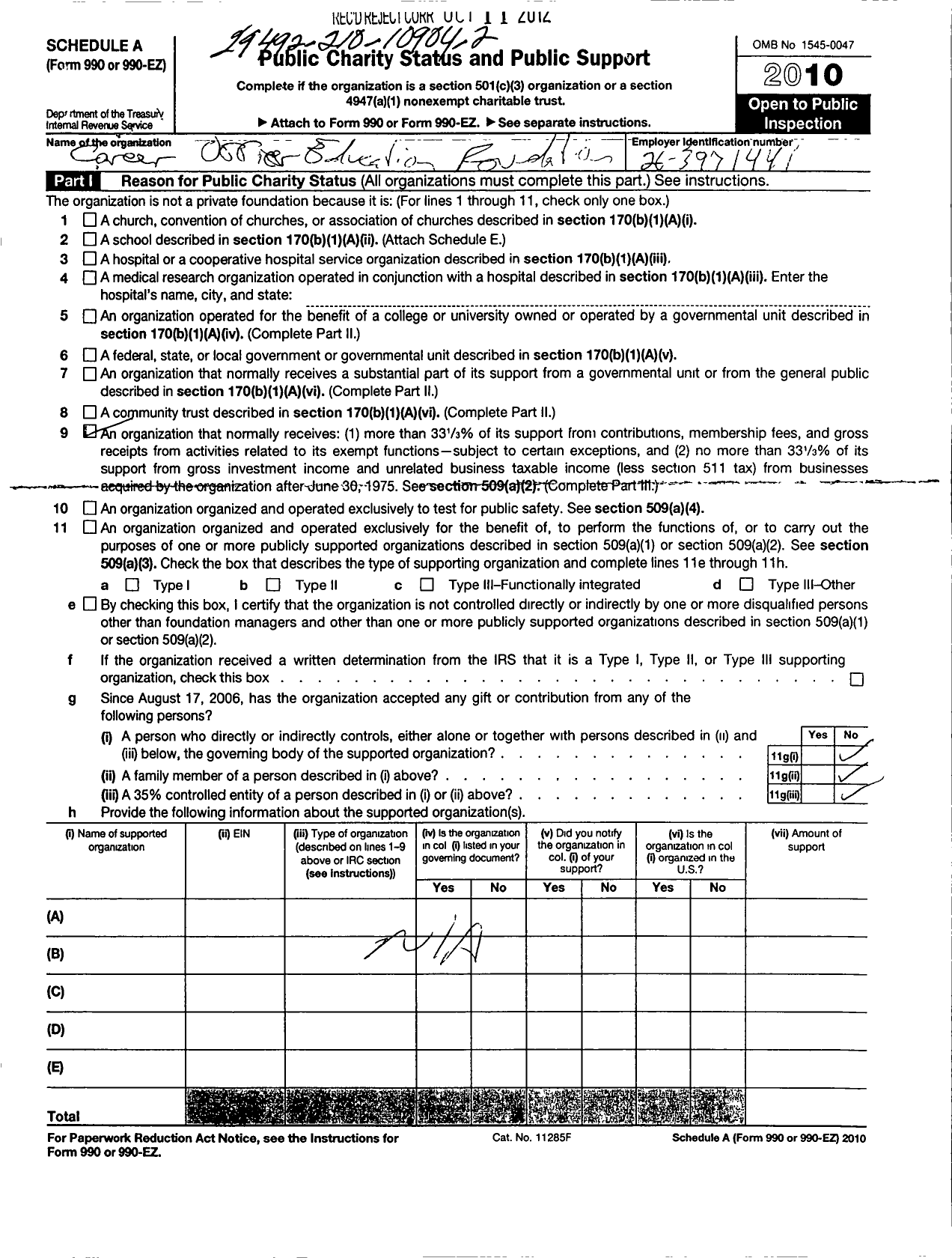 Image of first page of 2010 Form 990ER for Career Officer Education Foundation