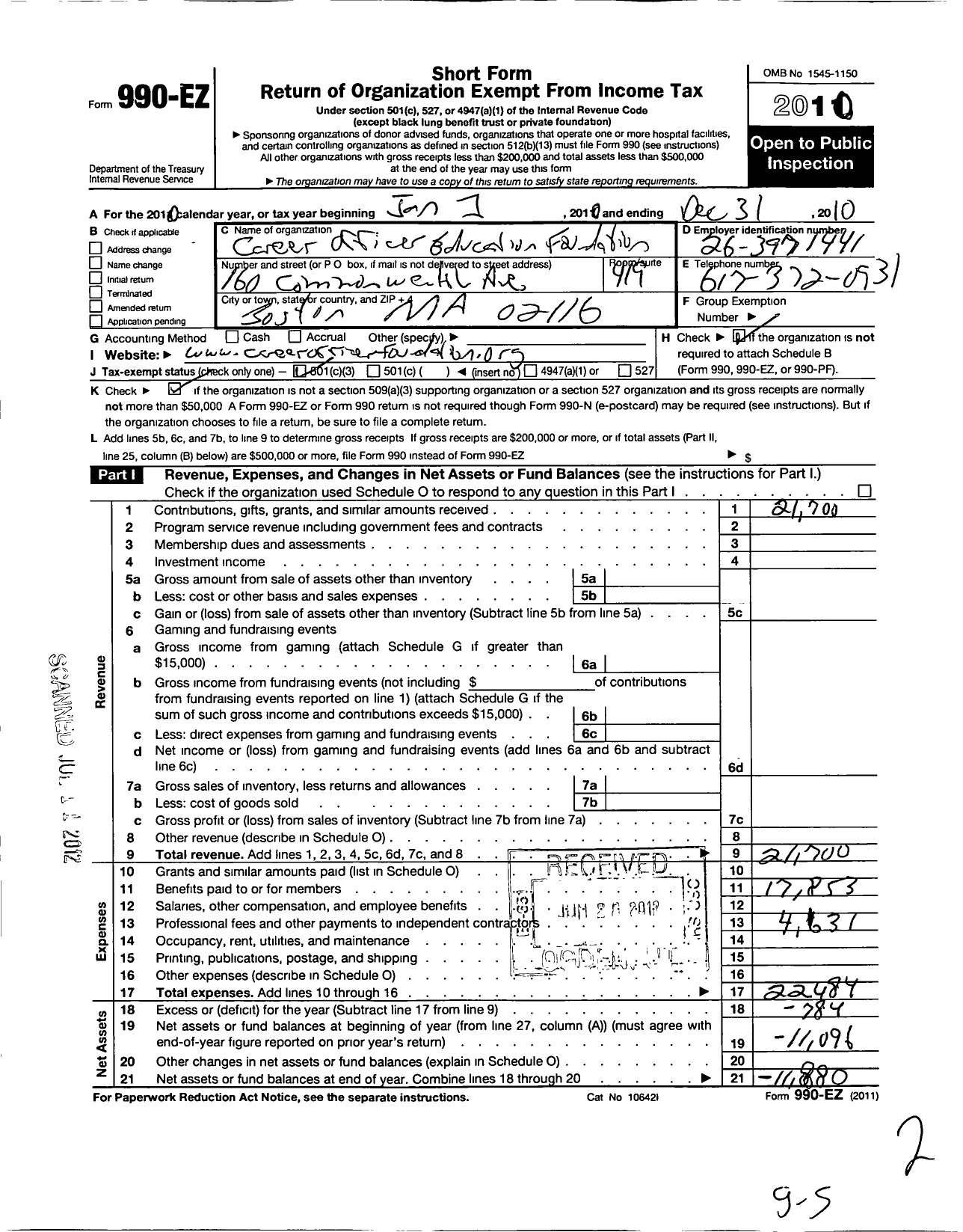 Image of first page of 2010 Form 990EZ for Career Officer Education Foundation