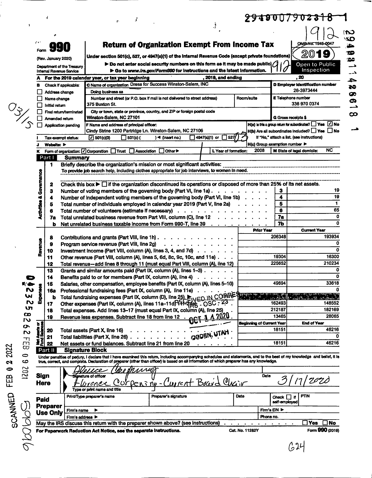 Image of first page of 2019 Form 990 for Dress for Success Winston-Salem