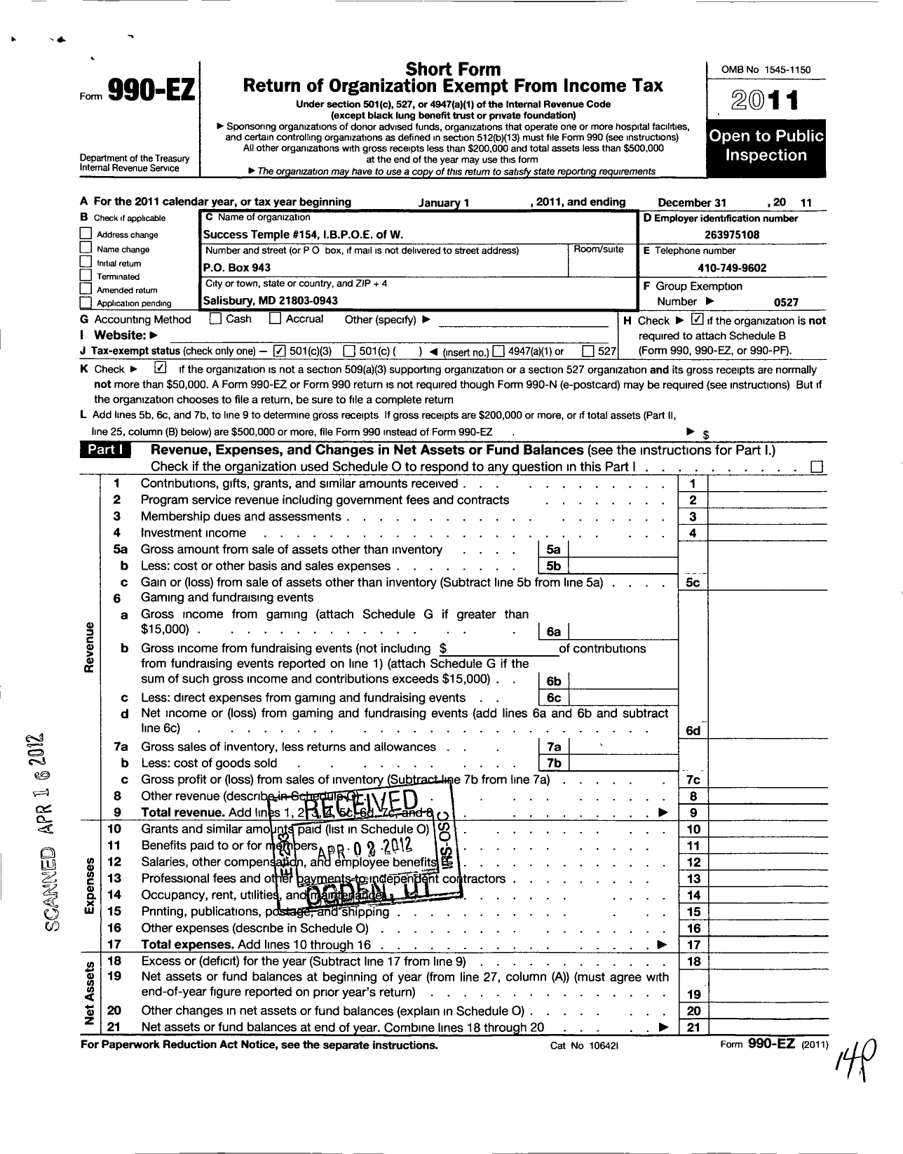 Image of first page of 2011 Form 990EZ for Improved Benevolent and Protective Order of Elks of the World - 154 Success Temple