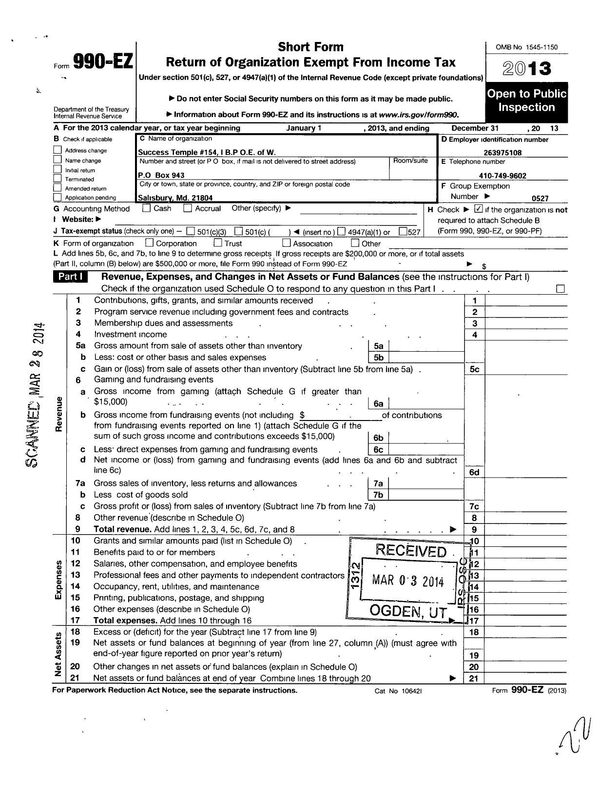 Image of first page of 2013 Form 990EO for Improved Benevolent and Protective Order of Elks of the World - 154 Success Temple