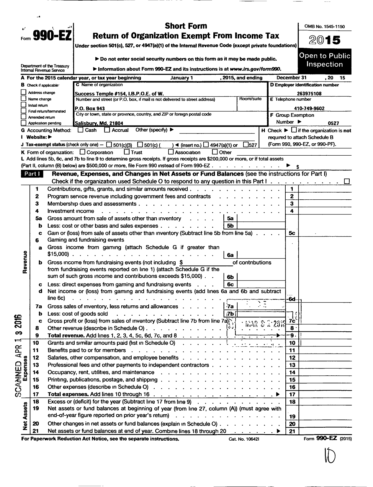 Image of first page of 2015 Form 990EO for Improved Benevolent and Protective Order of Elks of the World - 154 Success Temple