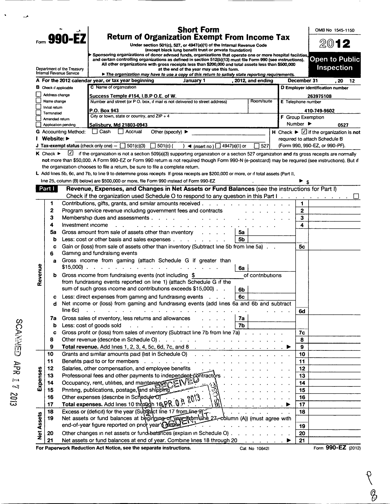 Image of first page of 2012 Form 990EO for Improved Benevolent and Protective Order of Elks of the World - 154 Success Temple