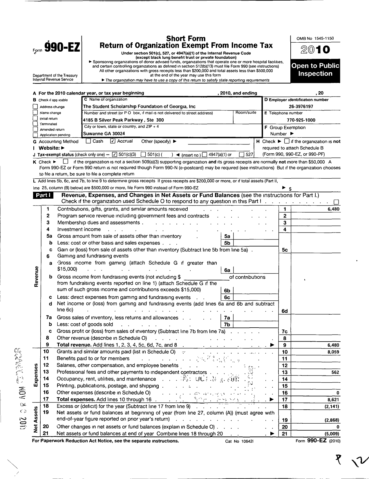 Image of first page of 2010 Form 990EZ for Student Scholarship Foundation